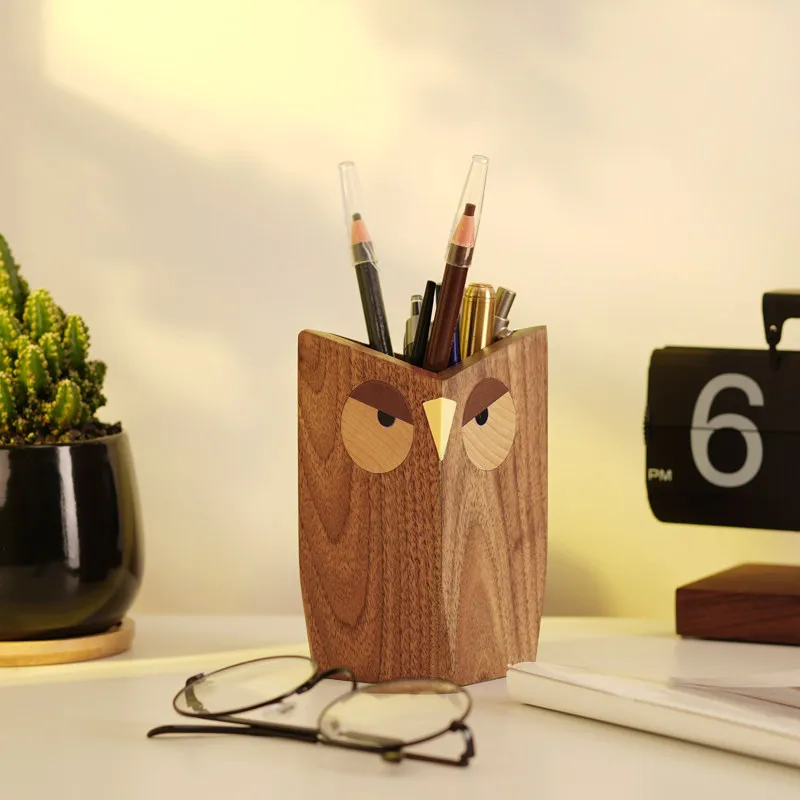 Creative Wood Owl Pen Holder Walnut Wooden Desk Organizer Aesthetic Makeup Brush Pencil Organizer Kawaii Stationery Teacher Gift