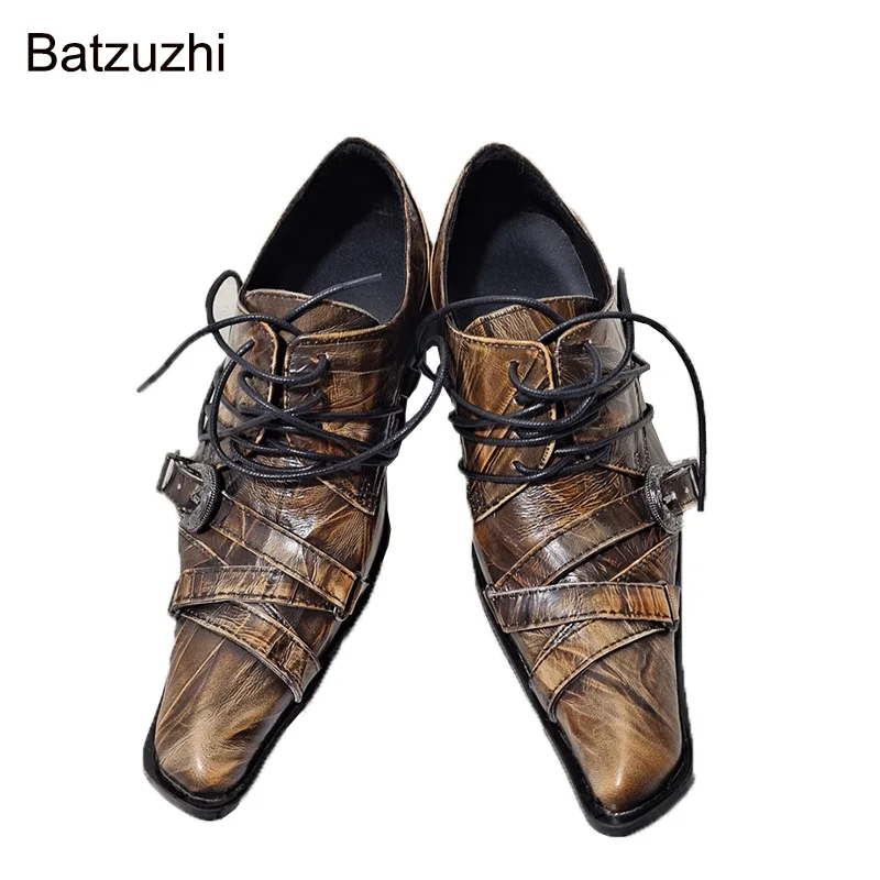 

Batzuzhi Men's Shoes Japanese Style Bronze Leather Dress Shoes Men Small Square Toe Lace-up Straps Party and Wedding! EU38-46