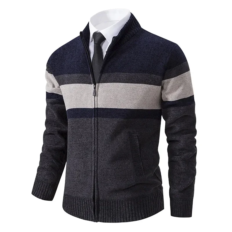 CASUMANL 2024 Elegant  Golf Wear Men Sweater Coat Knit Slim Fit Zip Up Warm Striped New in Jackets Mens Designer Clothes