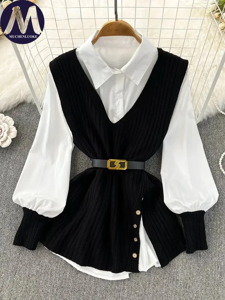 Long Sleeved Lapel Shirt and Blouse White Shirt Fashionable Tops V-Neck Belt Knitted Vest, Casual, Spring, Autumn New, 2 Pcs Set