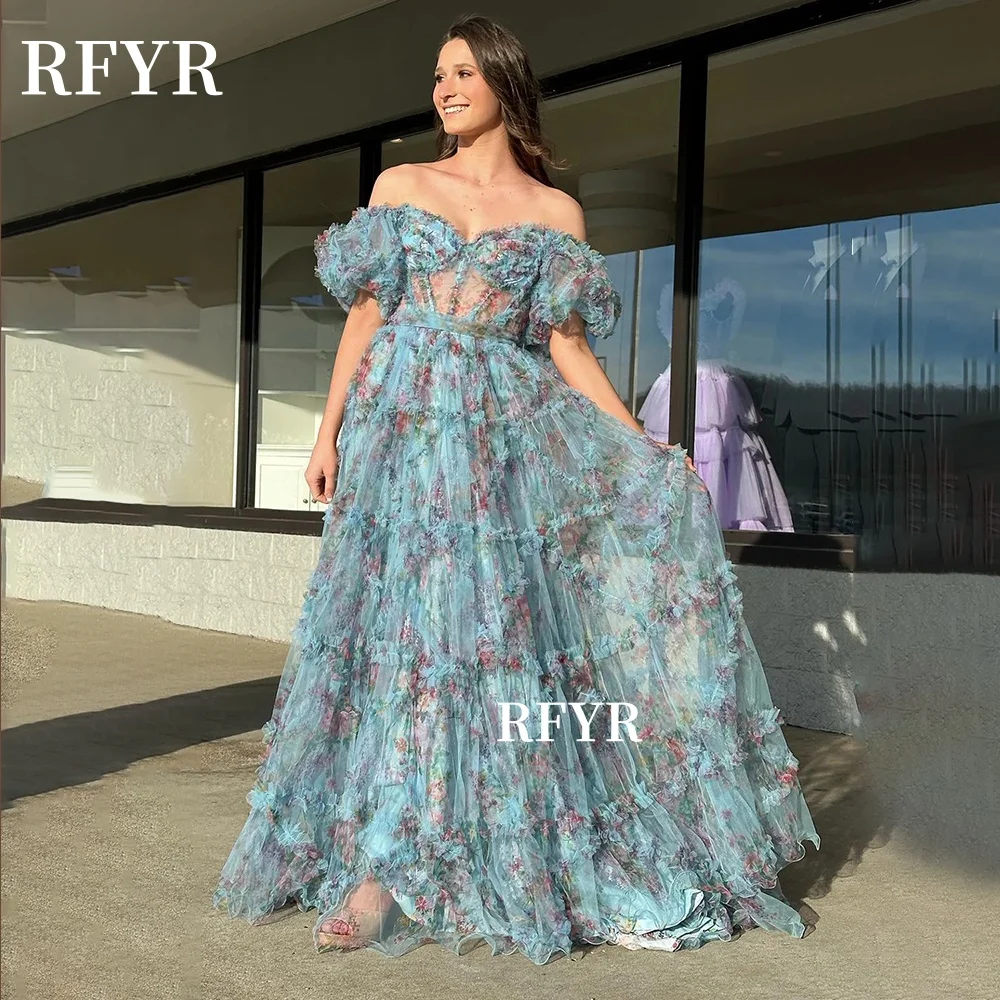 

RFYR Floral Prom Dress Princess Off Shoulder Party Dress Rufles Evening Vestidos De Novia فساتين السهرة Customized