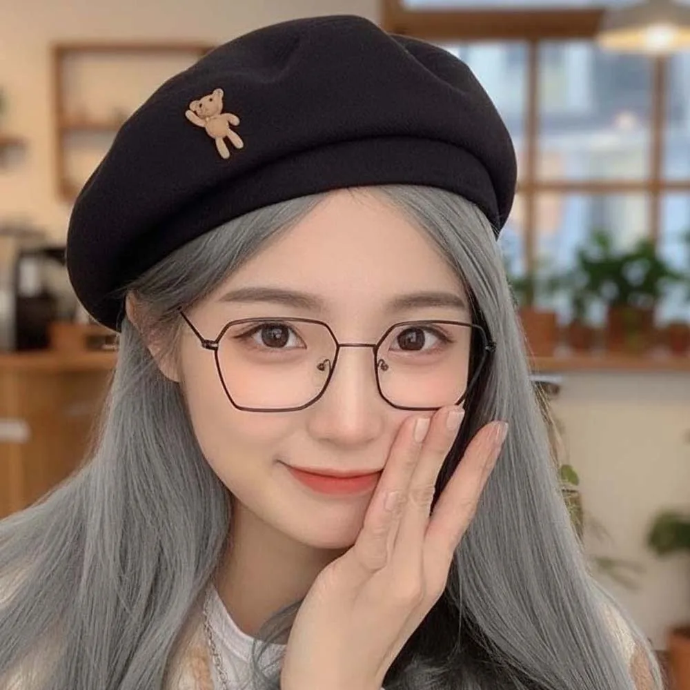 Soft Vintage Beret Hat Classic Color Thermal Texture Cartoon Bear Cap Exquisite Heart Decor Newsboy Octagonal Hat Young Girls