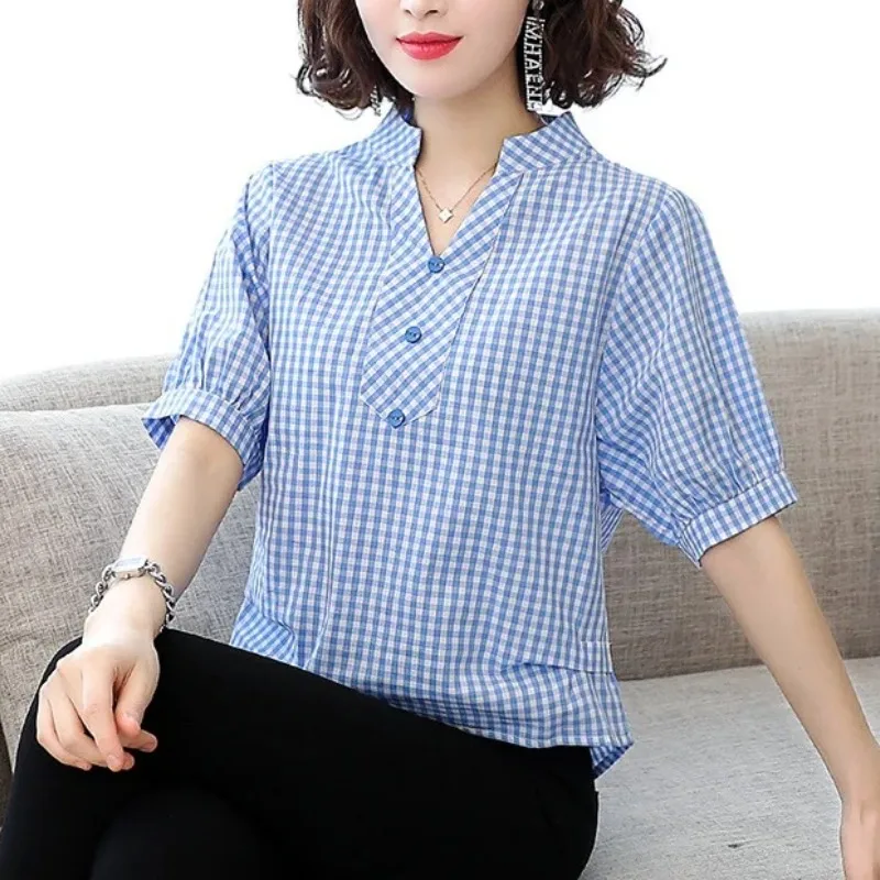 

V-Neck Checkered Summer Women's Pullover Button Short Sleeve T-shirt Contrast Color Comfortable Fashionable All-match Tops
