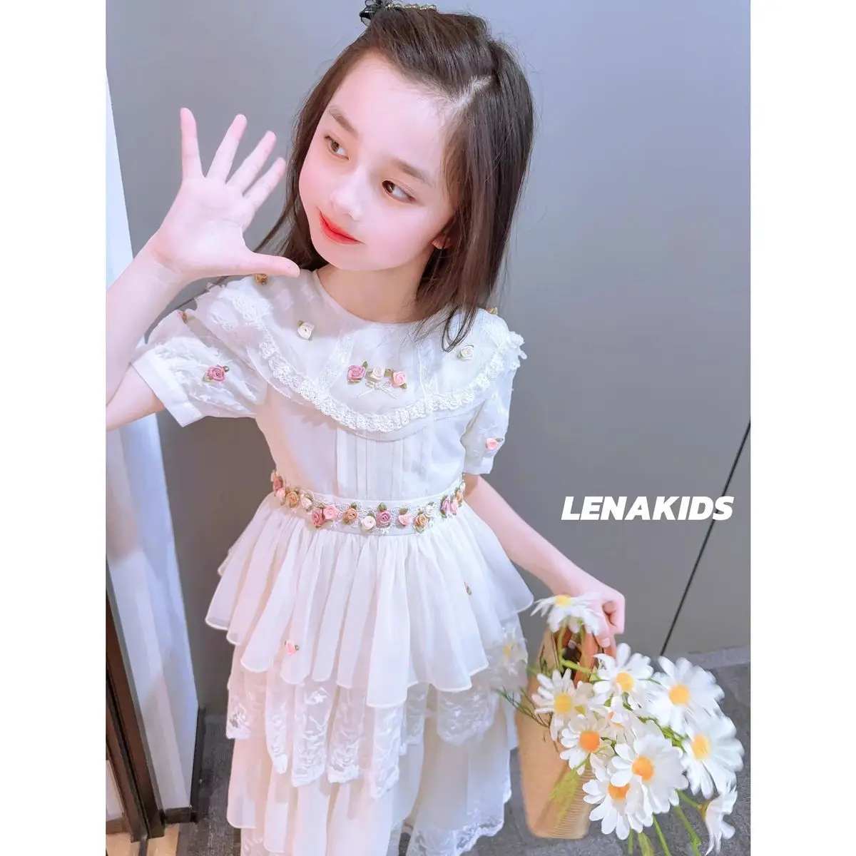 

2025 New Summer Dress Rose Lace Dress Elegant Princess Lolita Dress for Kids Birthday Party Wedding Party 2-9 Years