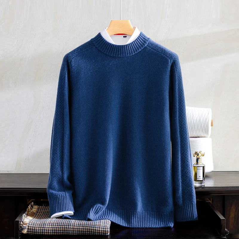 Men's Goat Cashmere Sweater, Monochromatic Knit Top, Half Turtleneck, Easy to Match, Autumn, Winter, 100%, New