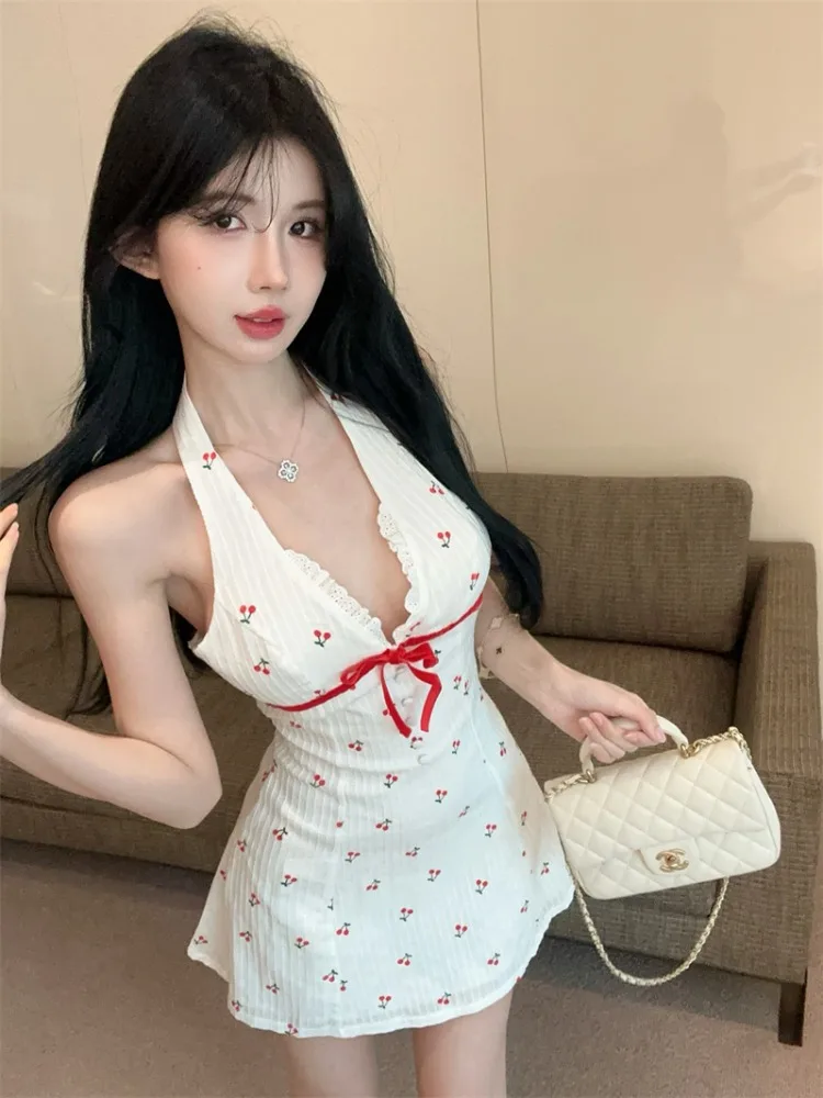 

Sweet And Spicy Cherry Floral V-neck Hanging Neck Dress Women's Summer New Backless Knot Waist A-line Fashion Short...
