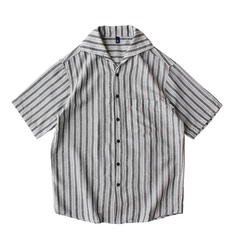Summer New Japanese Retro Comfort Short-Sleeve Cuban Collar Cotton Yarn Blended Stripe Shirt Men's Fashion Washed Casual Blouses