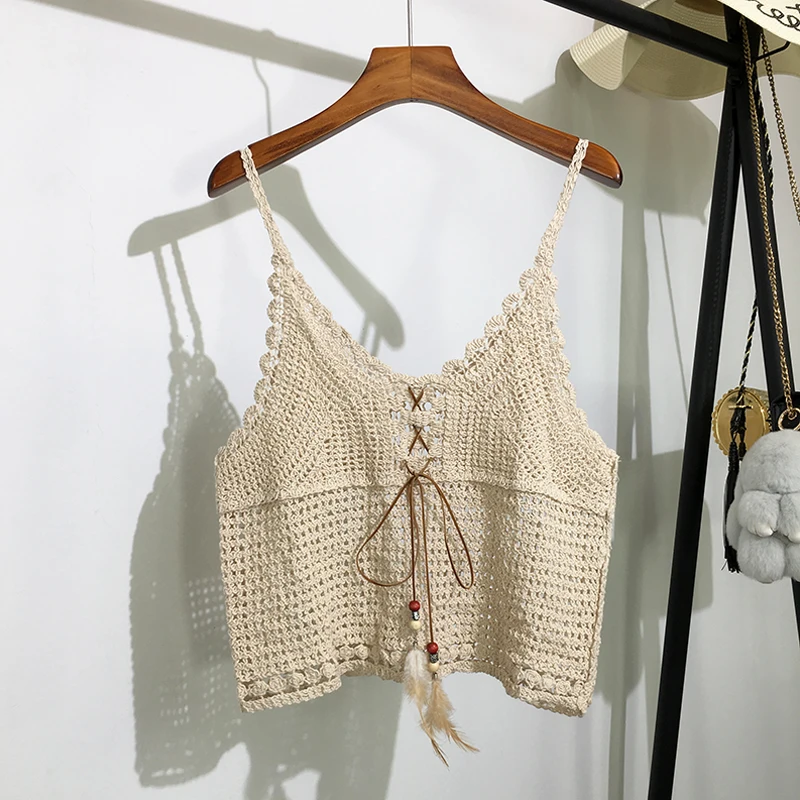 

Short Knitted Women Camis Summer New Tassel Solid Hollow Out Short Empired Female Bandage Pulls Outwear Tops Tees