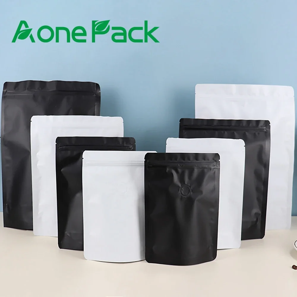 50pcs Custom Printing Matt Black White 100g 250g 500g 1kg Coffee Bag with Valve Tea Nut Powder Food Stand Up Doypack Packaging