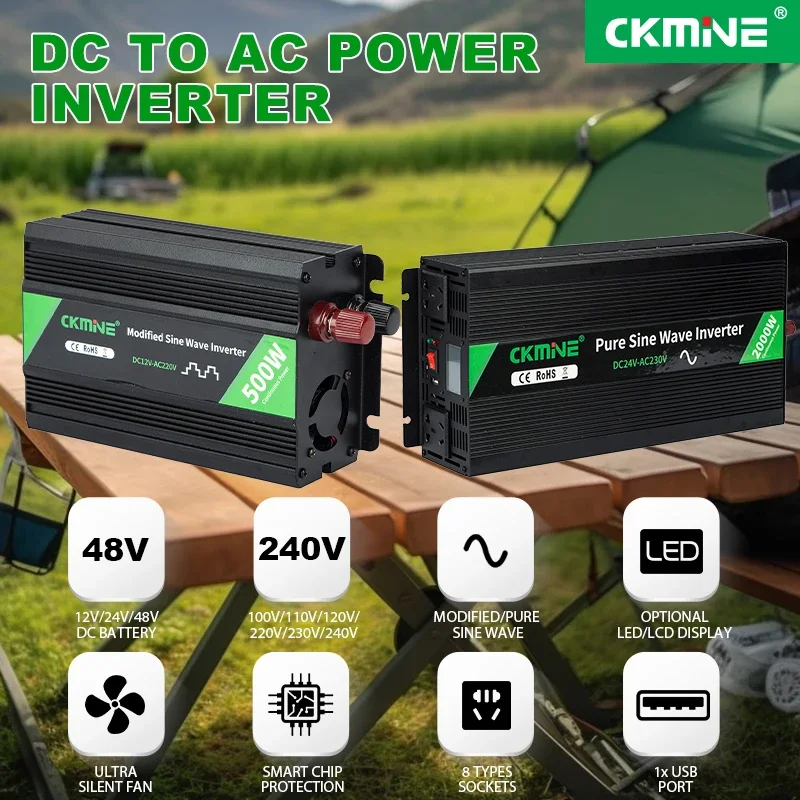 CKMINE 2000W Modified Sine Wave Inverter DC 12V 24V 48V to AC 100V 110V 120V 220V 230V 240V Power Converter for Home Car