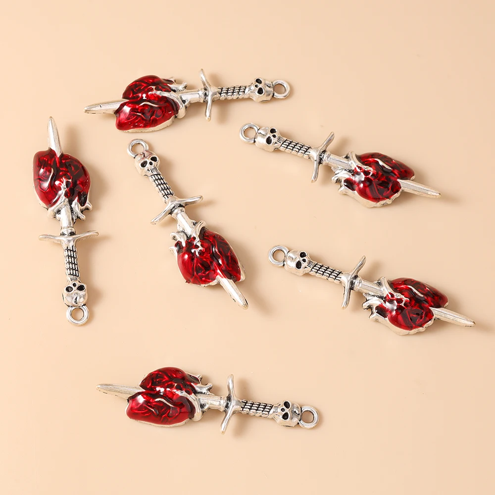 Leslie 10 Stück 13*49mm Modische Rote Heiliges Herz Schwert Anhänger Gotische Anhänger für die Herstellung von Handgemachtem DIY Schmuck Zubehör – Detail 2
