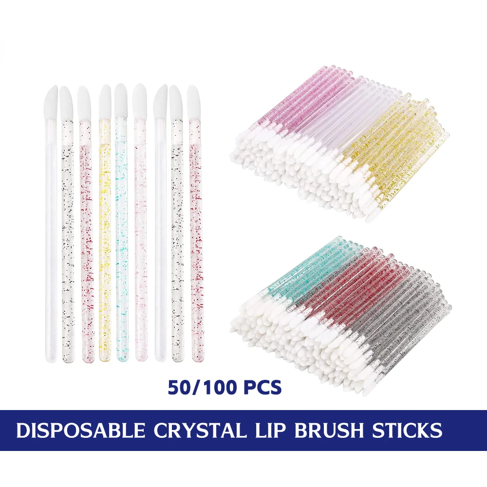 50 Pcs Disposable Lip Brush Crystal Eyelash Extension Mascara Applicator Lipstick Wands Set Women MakeUp Brushes Tools