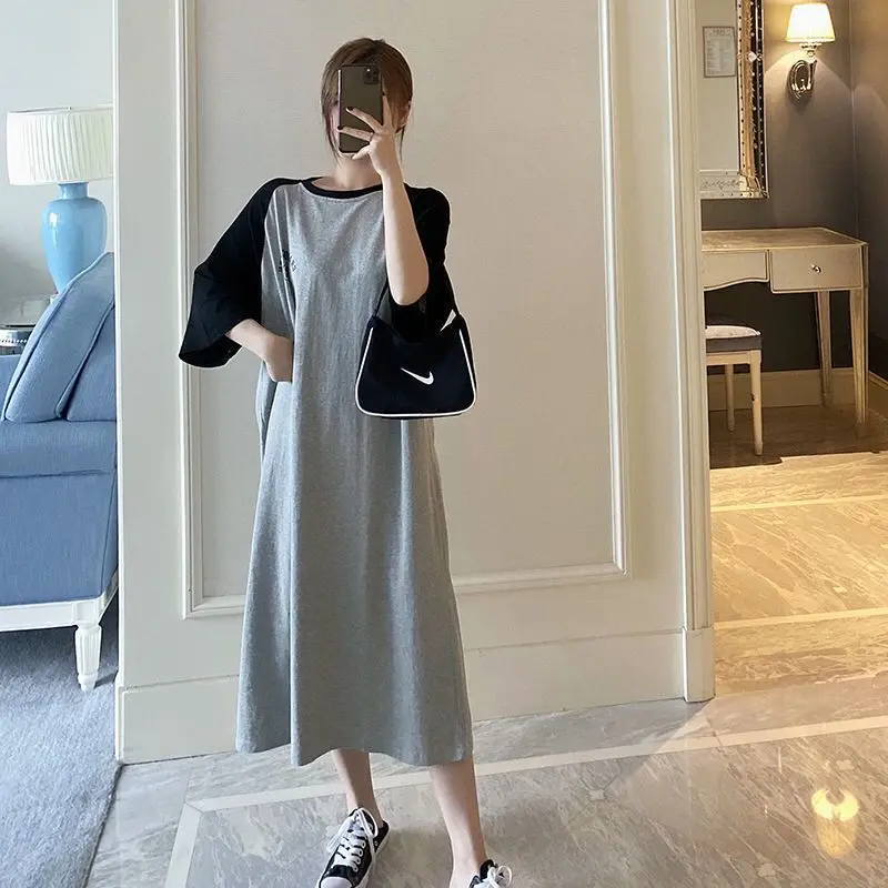 

2023 New Summer Simple Round Neck Letter Printing Panel Contrast Color Casual Loose Oversize Ankle Women's Short Sleeve Dress