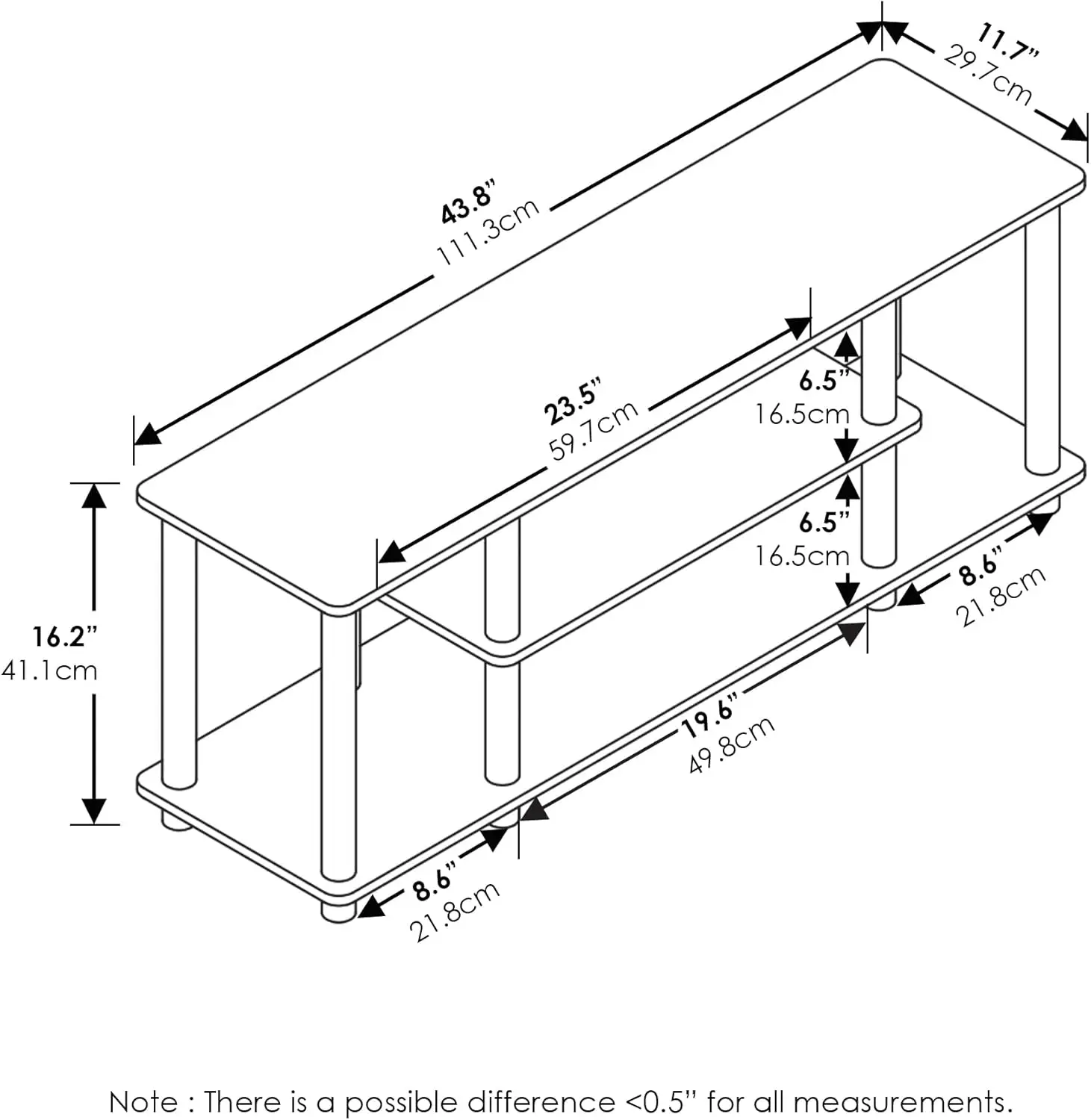 Turn-N-Tube Sin herramientas Soporte para TV de entretenimiento 3D de 3 niveles para TV de hasta 50 pulgadas, tubos redondos, marrón oscuro/negro