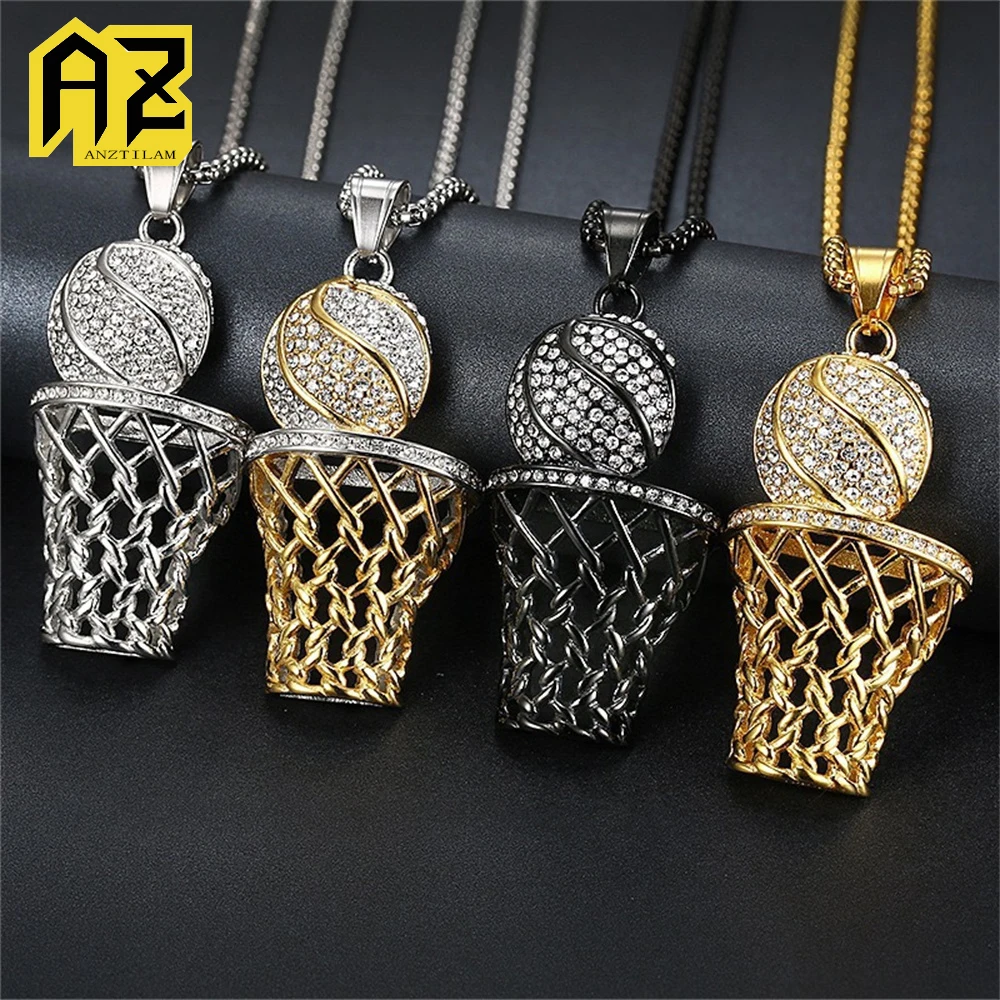 

Anztilam Basket No Fade 316L Stainless Steel Iced Out Pendant with Long Link Chain Necklaces for Women Men Hip Hop Jewelry