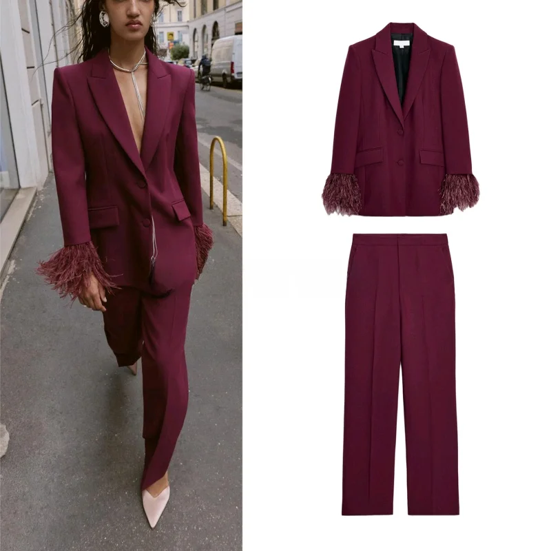 

Autumn Winter Women's Slim Fit Suit Jaet with Feather Decorations High Waist Straight Leg Pants Long Sve Polyester Fiber