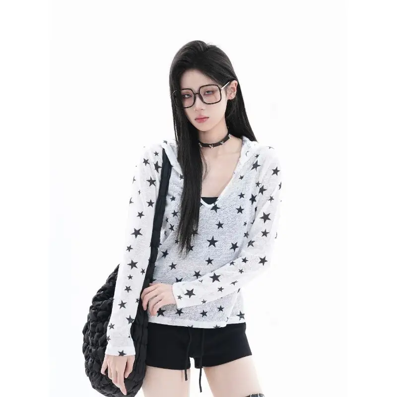 2026 Casual Star Full Print V-neck Hooded Long Sleeve T-shirt Women Summer Slim Fit Slimming Sunscreen Cover Top