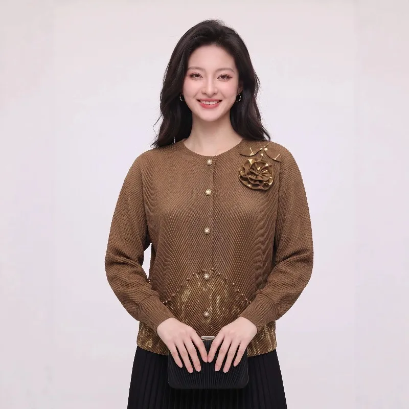 Miyake Pleated Jacket Plisse Women 2026 Autumn New Plus Size Fold Top Fashion Fish Scale Pleats Gold Stamping 3D Flower Cardigan