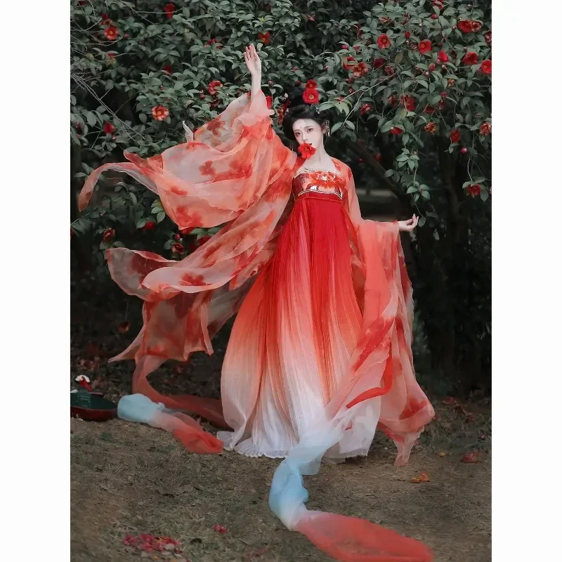 

Chinese Hanfu Chasing Fish Tang Style Qi-chest Hezi Skirt Petal Ripped Big Sleeve Red Koi Super Fairy Han Cosplay Costumes