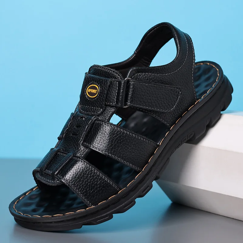 Zomerdesigner Heren Echt Lederen Sandalen Haak En Loop Buiten Heren Koe Lederen Slippers Zachte Zolen Voor Heren Casual Sandalen Zonder Slip