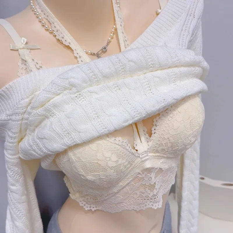 KUCLUT Heart Lace Neck Hanging Underwear Women's Small Chest Gather Pure Desire French Sexy Layered Wear Strapless Bra