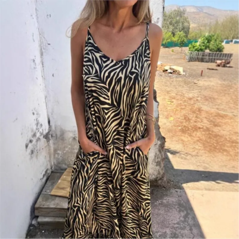 여름 섹시 슬림 어깨 스트랩 Boho 드레스 여성 딥 v 넥 민소매 큰 주머니 루스 비치 파티 드레스 밑단 프릴 가운