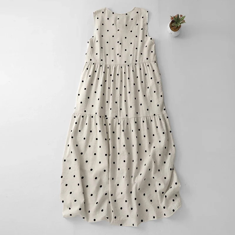 2025 新しい夏のヴィンテージ水玉ドレス女性の韓国のファッションルーズカジュアルロングビッグスイングノースリーブ女性のベストドレス