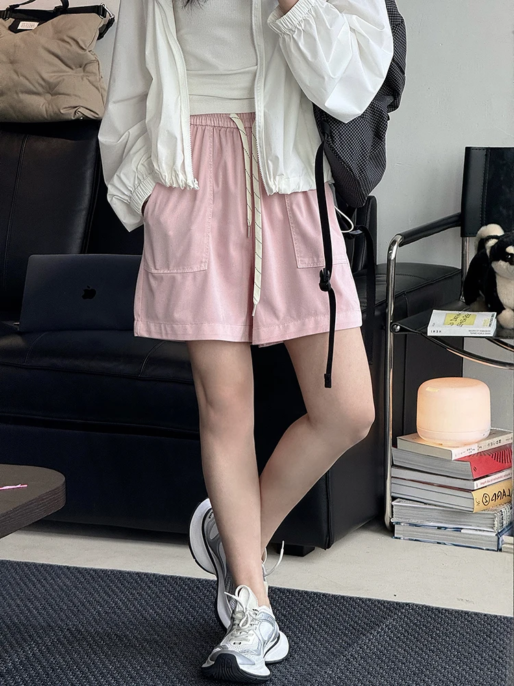 FANAN-pantalones cortos minimalistas con diseño de cordón para mujer, ropa elástica de cintura alta con bolsillos grandes, moda femenina, novedad de verano 2025