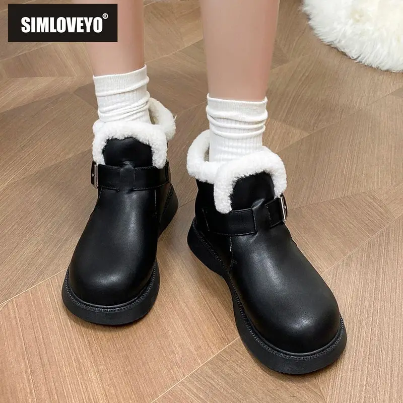 

SIMLOVEYO брендовые теплые плюшевые ботильоны для девочек с круглым носком без шнуровки на плоской подошве с пряжкой на ремне, маленький размер 31, 32, повседневный мех