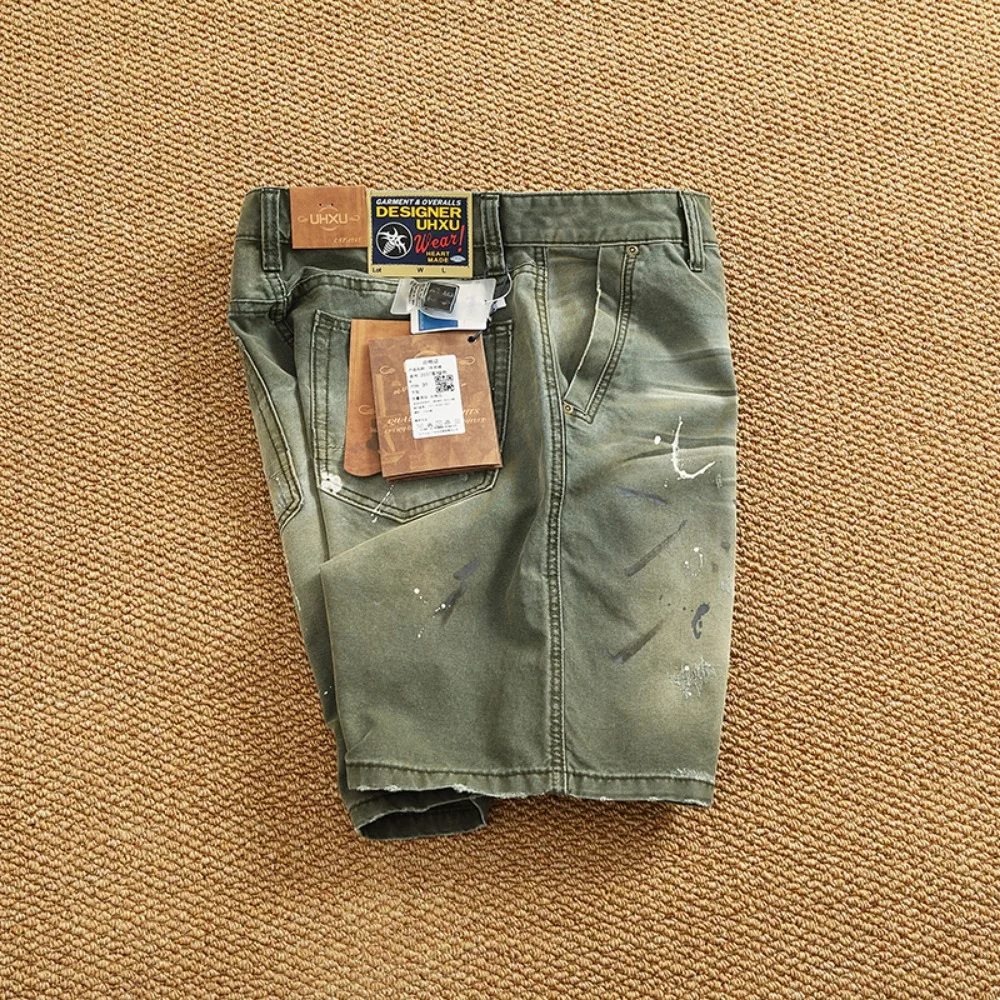 High Street's heavyweight Splashed Ink Heavy Industry aged washed work shorts for men, loose straight capri pants