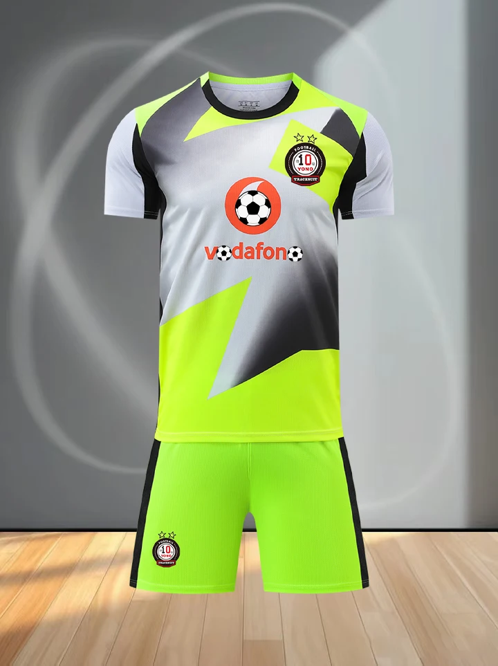 Men Fluorescent Green Grey Soccer Jersey Set Short Sleeve Football Shirt Shorts Kit Breathable Quick Dry Training Sports Uniform