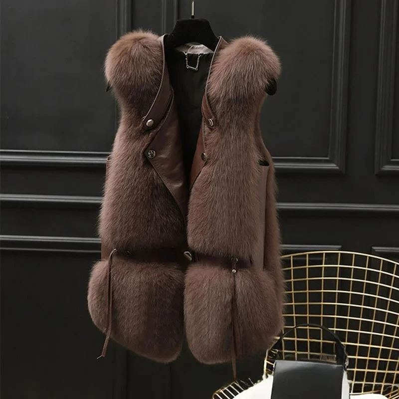 

2025 Autumn Winter Women Faux Fox Fur Vest Coats Solid Jackets Spliced V Neck Sleeveless Single Breasted Thick Warm Fur Casual