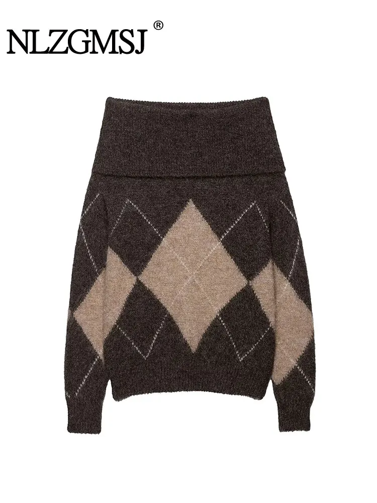 

NLZGMSJ Off Shoulder Knitted Sweater Fashion Grid Women's Sweaters New Temperament Slash Neck Knitted Pullovers For Women