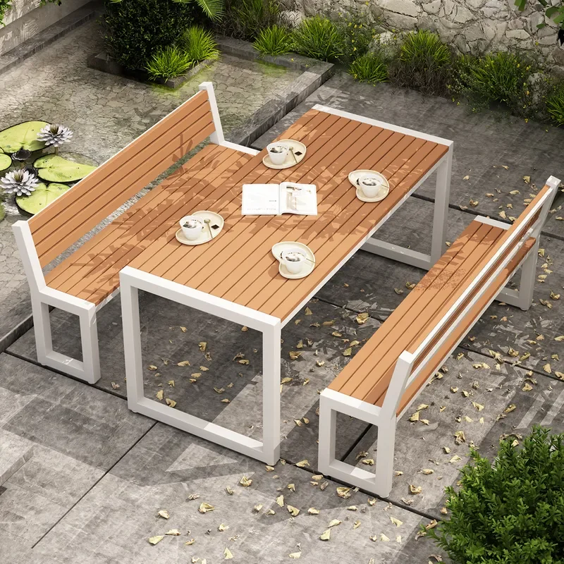 Waterproof Outdoor Table and Chair Set with Backrest for Courtyard Balcony Terrace Plastic Wood Antiseptic Leisure Long Table