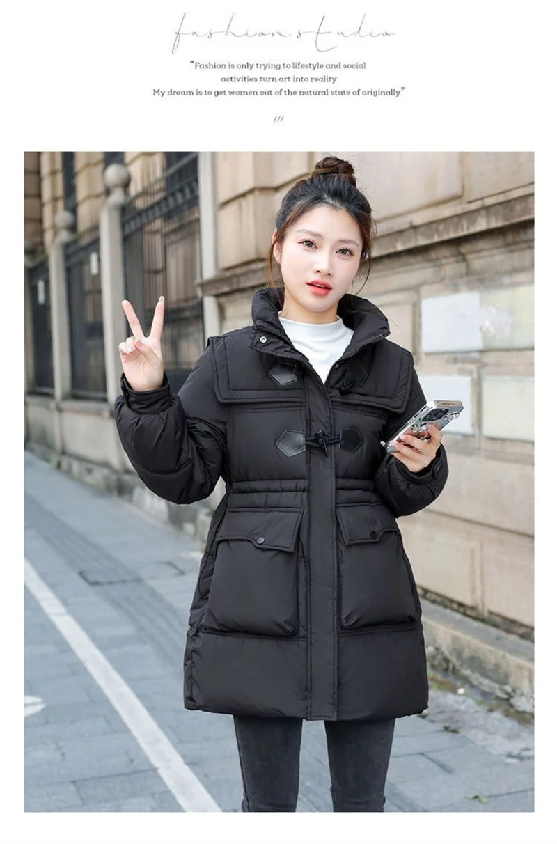 سترة قطنية متوسطة إلى طويلة، مجموعة أزياء جديدة لعام 2025، سترة قطنية لتخسيس الخصر، ياقة واقفة، قطن سميك ودافئ