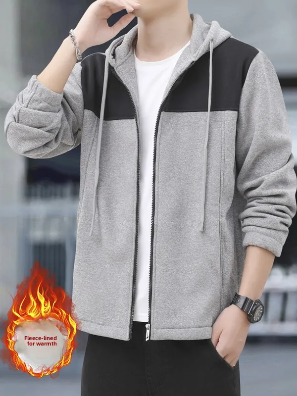 

Осенне-зимний мужской теплый повседневный свободный кардиган с капюшоном на флисовой подкладке, в стиле колор-блок, модная уличная одежда