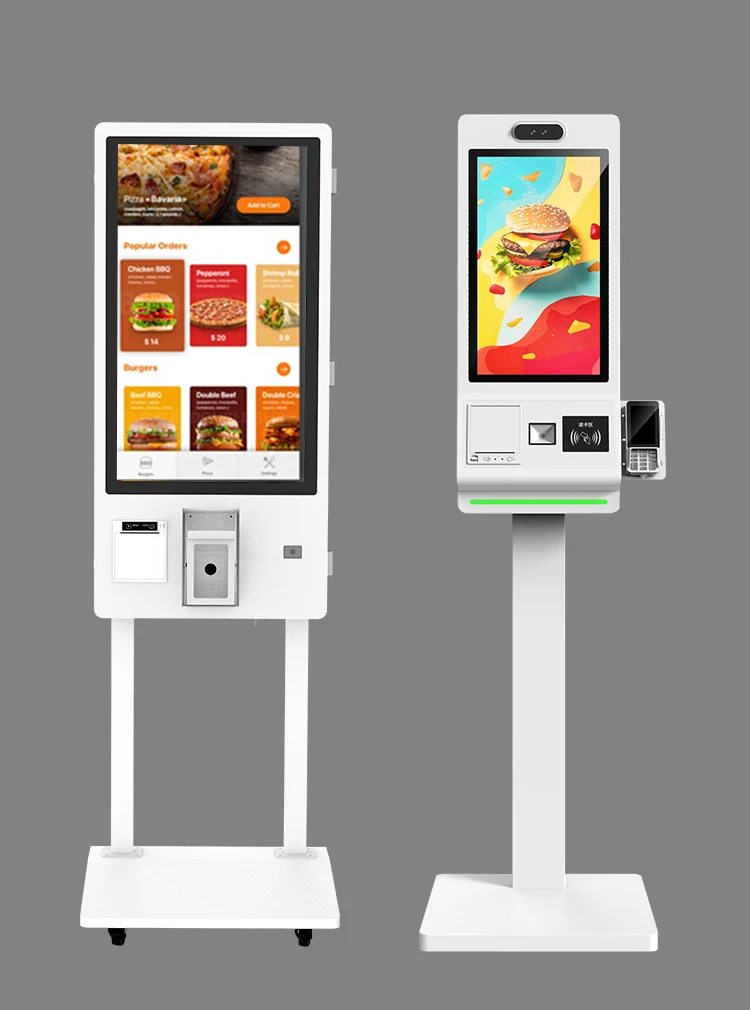 VETO 18.5 21.5 24 27 32 بوصة كشك الدفع الذاتي المثبت على الأرض/الحائط مع ماسح رمز الاستجابة السريعة 80 مم طابعة حرارية