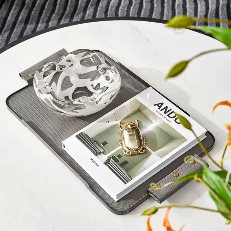 Modern light luxury rectangular leather tray ornament, study entrance tea storage tray ornament