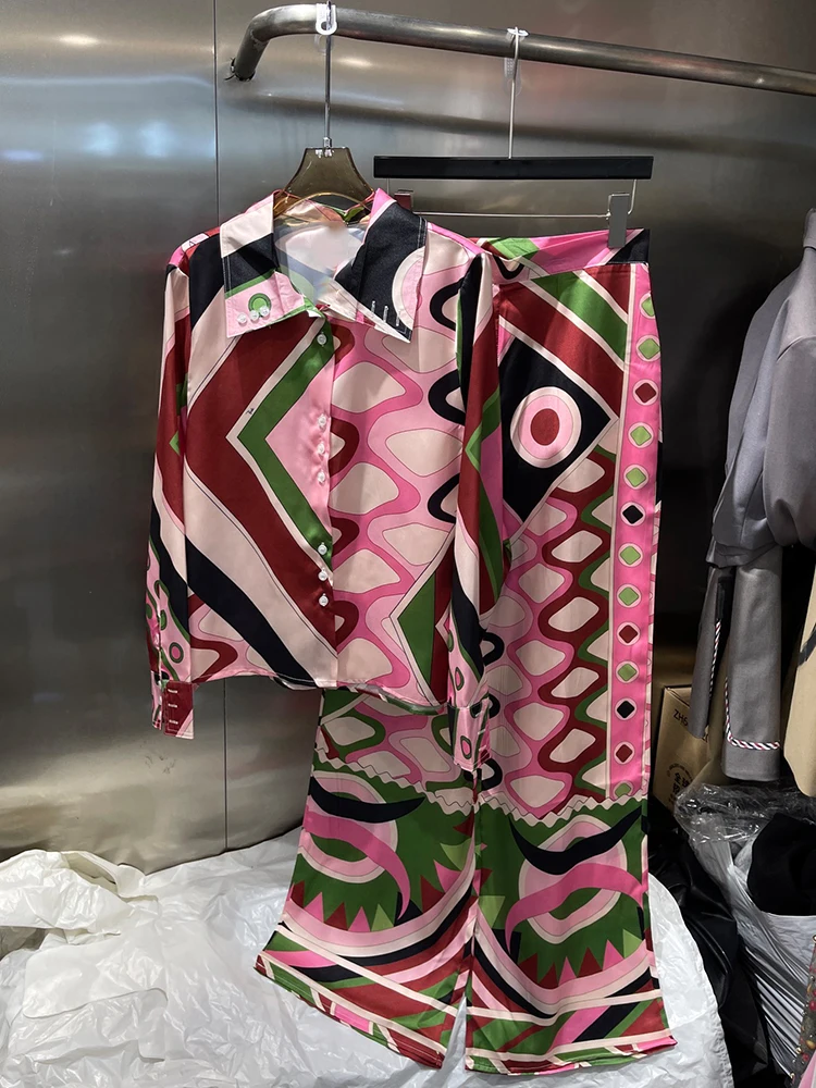 Designer 2026 Autumn Women's Clothing Retro Geometric Positioning Print Satin Shirt Two-piece Set + Loose Wide-Leg Pants Suit