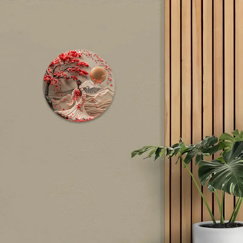 A Beautiful Japanese Woman in Kimono Stands Under the Cherry Blossom Tree - Artistic Wall Decor, Aluminum Metal Sign