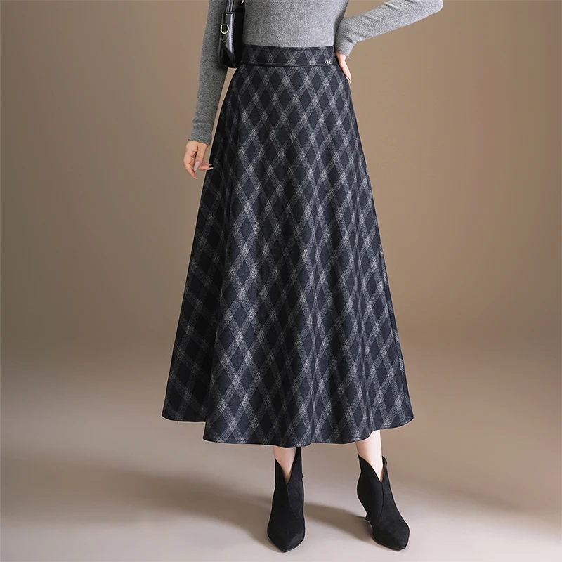 

High Waist Plaid Woolen Skirt Women's Autumn Winter New Sle A-Line Umbrella Skirt Long Skirt Cover Hip Cover Belly