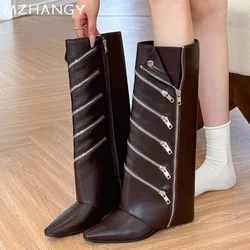 Women Pointed Toe High Boots Designer Leather Heels Shoes Woman Trend Cheldea Boots New Fashion Zipper Goth Mujer Snow Botas