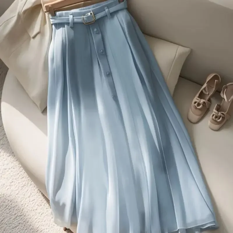 

New Elegant Pleated Midi Skirt Women Fashion Blue Chiffon Single Breasted A-Line Casual Summer Skirts Solid Color Jupe Clothing