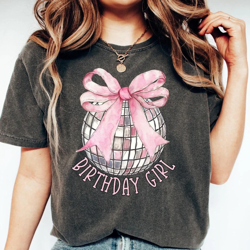 Pink Coquette Disco Ball Birthday Girl Shirt Birthday Girl Shirt, Girls Birthday Party Shirts, Girly Pink Bow Shirt