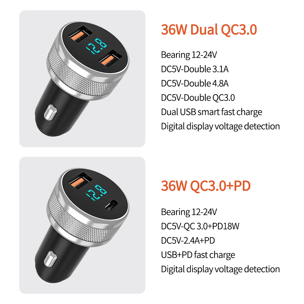 

Car Charger 36W Fast Car Charger Adapter QC 18W Dual USB LCD Display Cigarette Lighter for Xiaomi Phone Auto Fast Charger