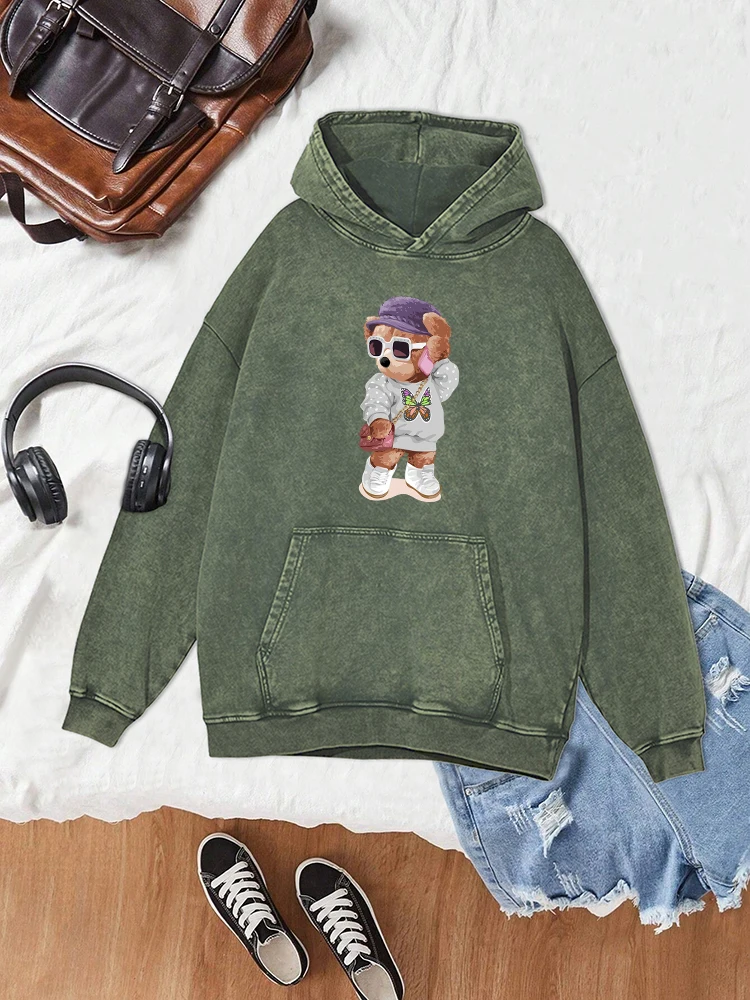 Cute Little Bear Sister Printed Women Washed Cotton Hoodie Harajuku Casual Hoody Autumn Warm Vintage Tops Fashion Loose Hooded