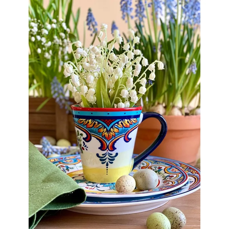 Zanzibar Collection 16 Piece Dinnerware Set Kitchen and Dining, Service for 4, Spanish Floral Design, Multicolor,Blue and Yellow