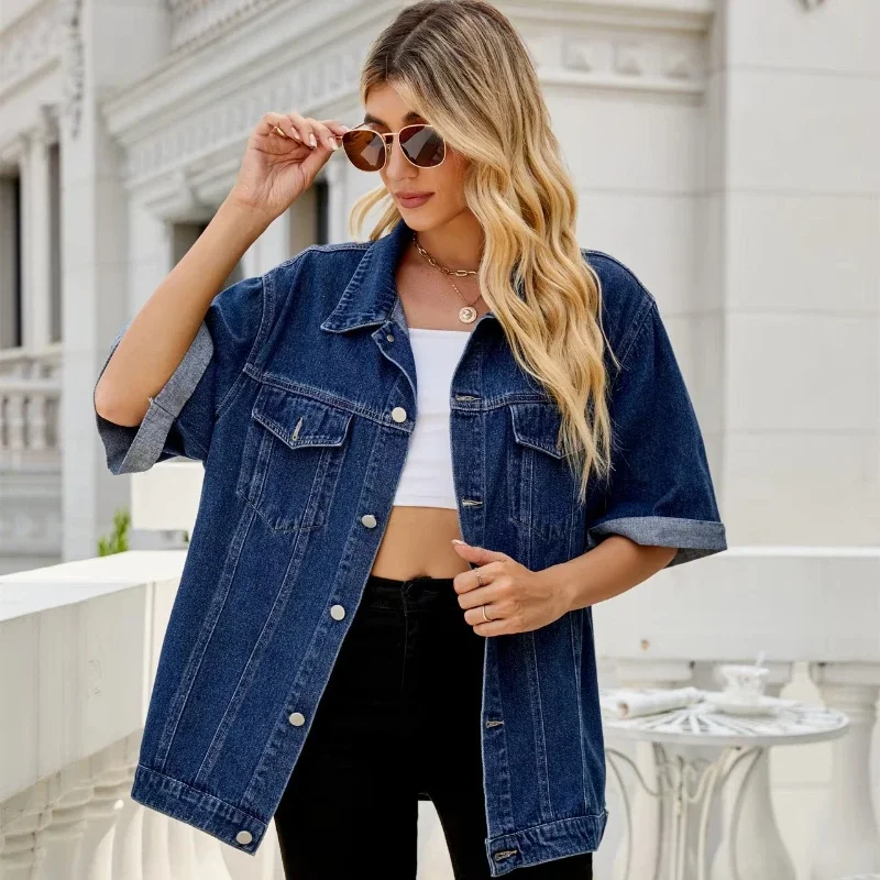 Women's Loose Short Sleeve Denim Jacket Wash Slimming Summer New Oversize Denim Shirt Trendy Comfortable Fabric Casual Jeans Top