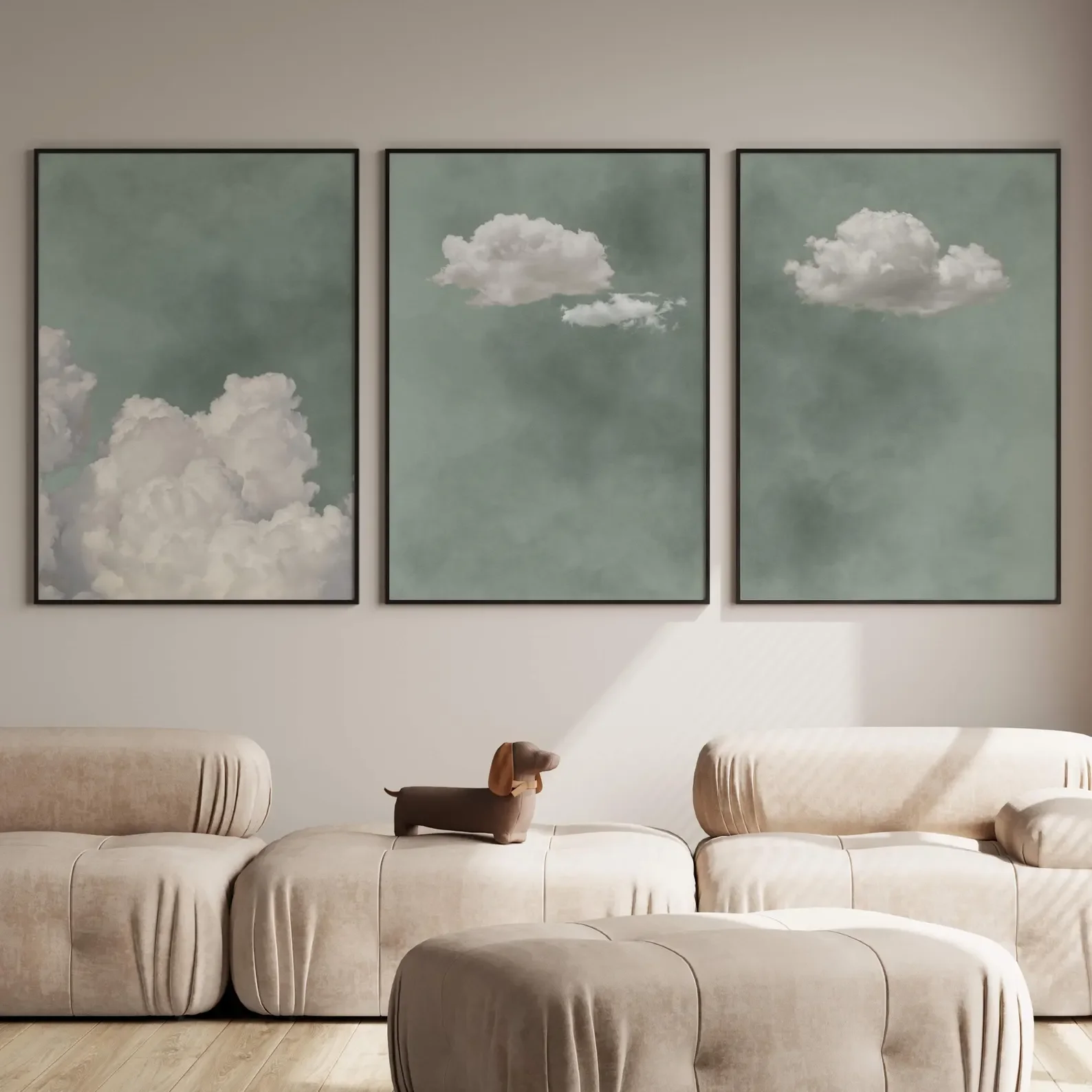 3PCS frameless decorative art print,3PCS Sage Green Cloud Poster  Living Room Wall Decor  Moody Sky Wall Art  Above Bed Decor