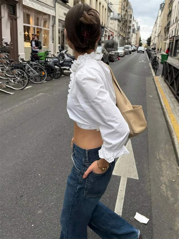 White Lace Ruffle Crop Cardigan Top for Women with Long Sleeves